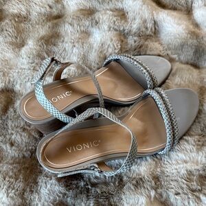 Vionic Emmy Lizard Print Gray Strappy Heel  Wedges
